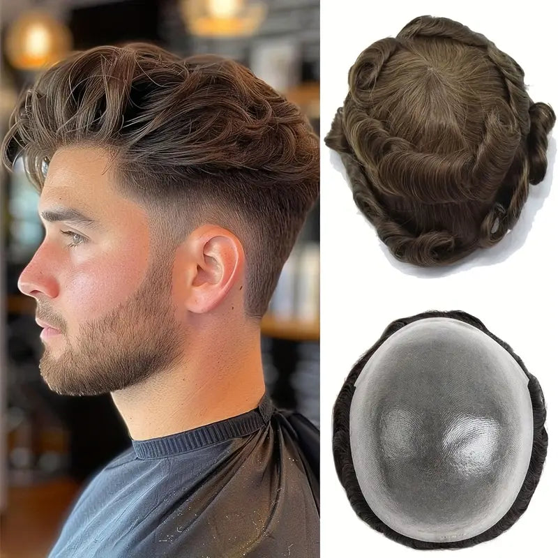 Men's Human Hair Toupee - Sleek Base, 10x8" Coverage, Straight Hair Replacement System for a Natural Look, Suitable for All Ethnicities