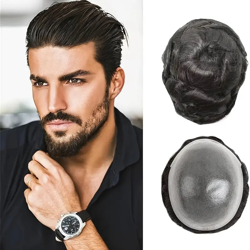 Men's Human Hair Toupee - Sleek Base, 10x8" Coverage, Straight Hair Replacement System for a Natural Look, Suitable for All Ethnicities
