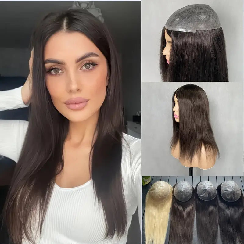 7"*9" 18CM*23cm PU base women wigs, natural human hair piece, thin Light Beige 0.08-0.10mm more real hair loss solution suitable for women with thinning hair, thin Light Beige base hair topper skip topper
