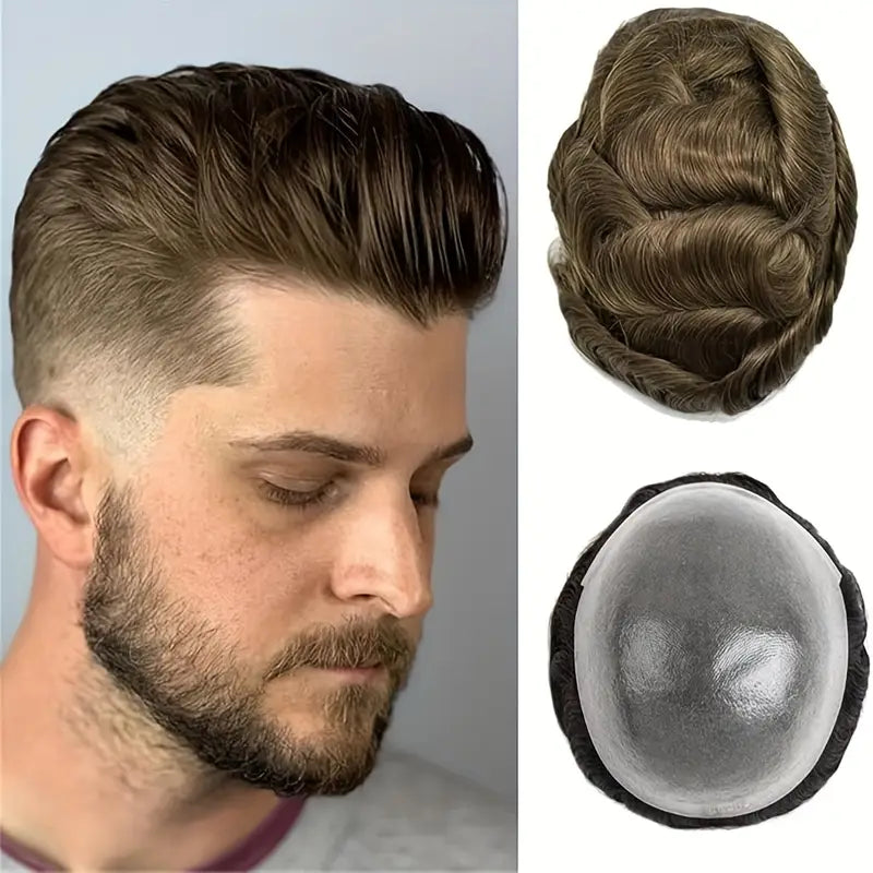 Men's Human Hair Toupee - Sleek Base, 10x8" Coverage, Straight Hair Replacement System for a Natural Look, Suitable for All Ethnicities