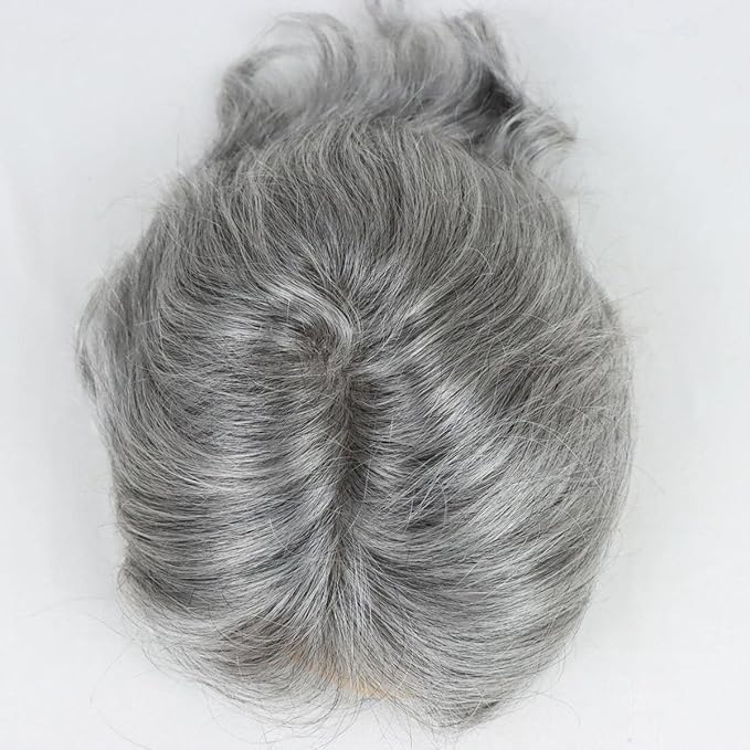 HAPPYCC Toupee Men Mono Top with PU around and French Lace in Front Mens Toupee 20% 1B Black Color Mixed 80% Grey Hair Replacement System for Men