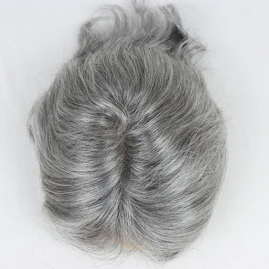 HAPPYCC Toupee Men Mono Top with PU around and French Lace in Front Mens Toupee 20% 1B Black Color Mixed 80% Grey Hair Replacement System for Men