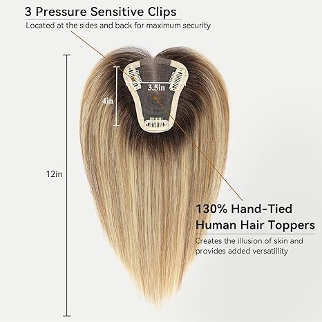 HAIRCUBE Remy Human Hair Toppers for Women, 100% 3.5in*4in Hand-Tied Hair Toppers with Swiss Lace Base 12in - Ombre Light Ash Blonde