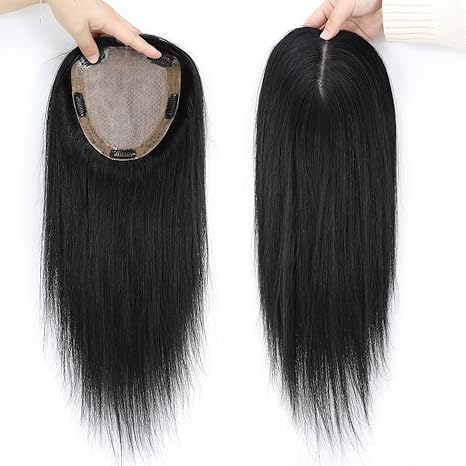 Human Hair Topper Silk Base Real Virgin European Hair Straight Jet Black Skin Base PU around with Clips in for Women