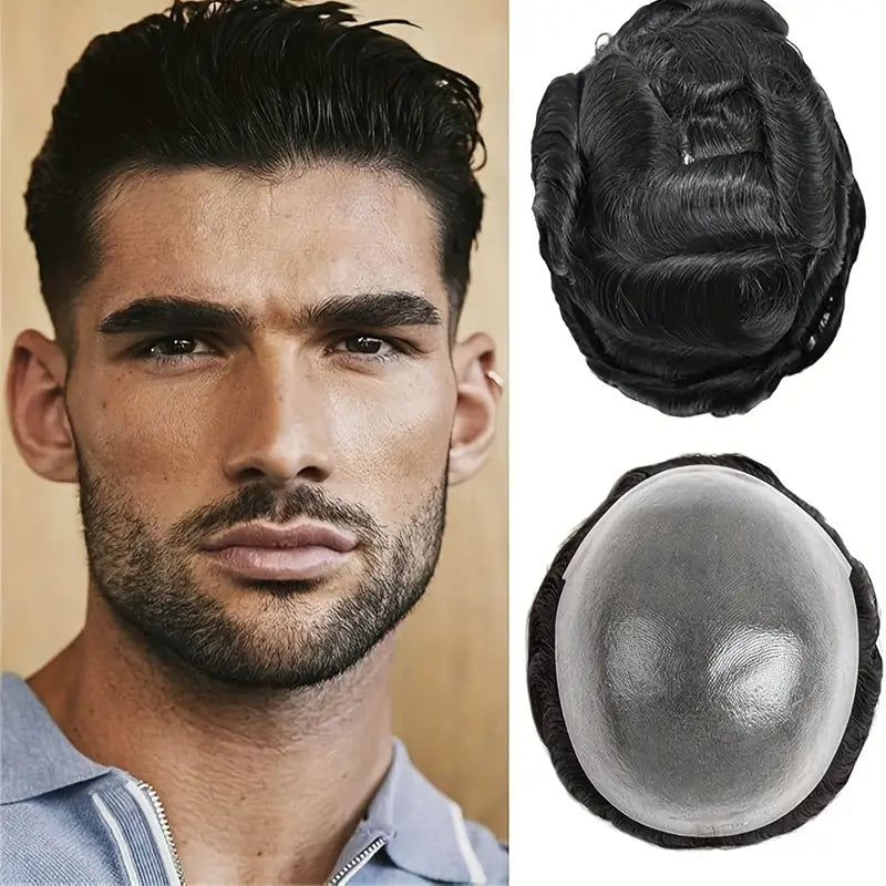 Men's Human Hair Toupee - Sleek Base, 10x8" Coverage, Straight Hair Replacement System for a Natural Look, Suitable for All Ethnicities