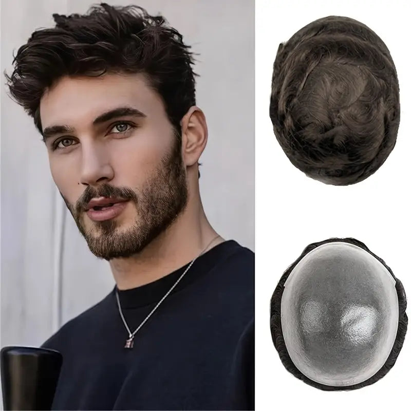 Men's Human Hair Toupee - Sleek Base, 10x8" Coverage, Straight Hair Replacement System for a Natural Look, Suitable for All Ethnicities