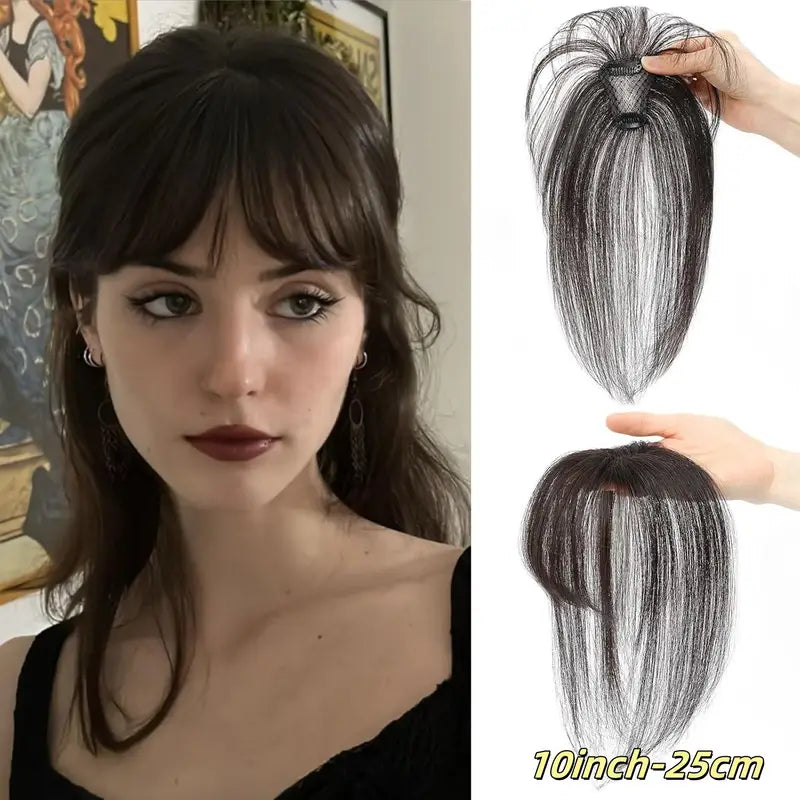 10-Inch Clip-In Wispy Air Bangs Hairpiece - 100% Real Human Hair 360° Coverage, Natural Look Straight Hair Topper with Easy Clip-In Application & Natural Hairline for Women - Daily Wear Hair Styling, Quick Hairstyle Change, Seamless Blend