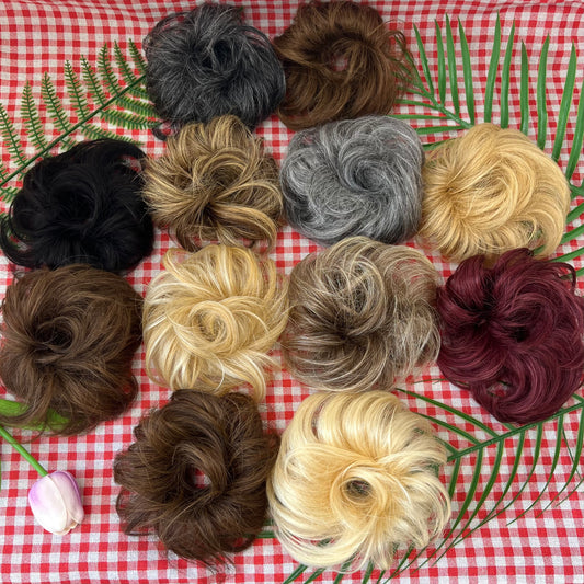 Real Human Hair Messy wave Bun Extensions Curly Hair Bun with Elastic Band - Tousled Thick Updo Hairpiece for Women for Daily Wear Real Hair Scrunchies Medium Brown Mixed Honey Blonde and grey Silvery