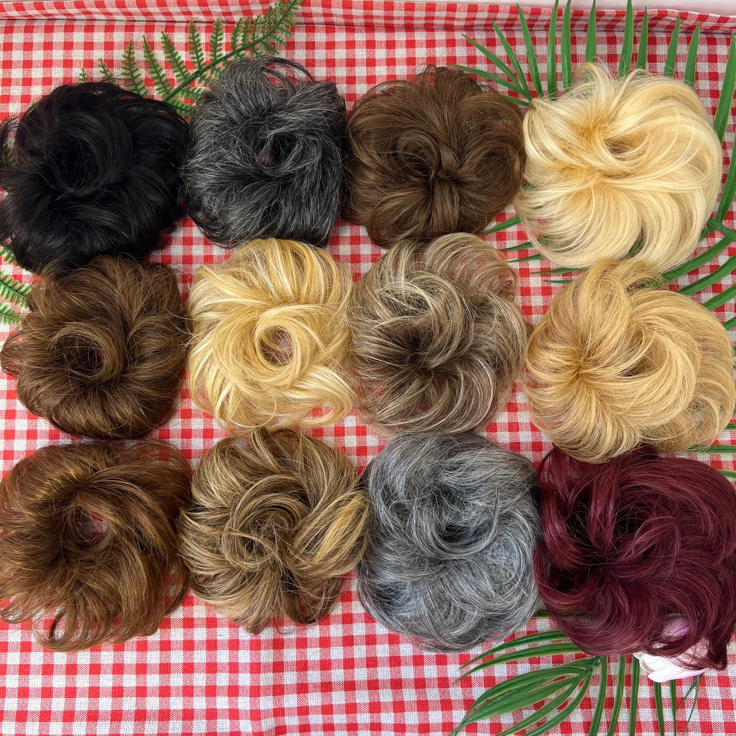 Real Human Hair Messy wave Bun Extensions Curly Hair Bun with Elastic Band - Tousled Thick Updo Hairpiece for Women for Daily Wear Real Hair Scrunchies Medium Brown Mixed Honey Blonde and grey Silvery