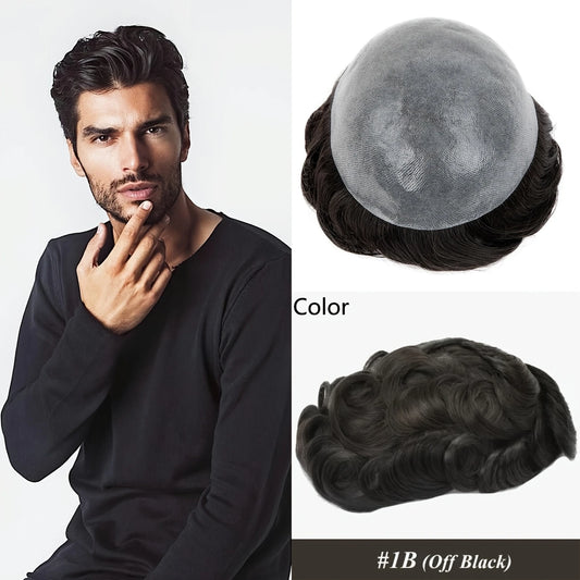 Human Hair Toppers for men 0.1mm Skin Durable PU Injected Toupee Hair for Men Human Hair wigs for men 6inch long Base Size 8x10 Inch 130% Density