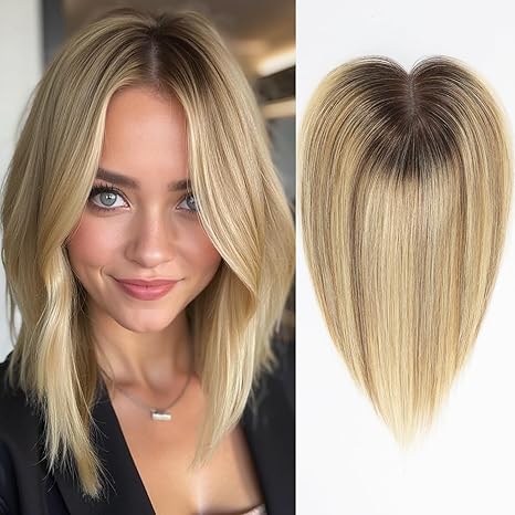 HAIRCUBE Remy Human Hair Toppers for Women, 100% 3.5in*4in Hand-Tied Hair Toppers with Swiss Lace Base 12in - Ombre Light Ash Blonde