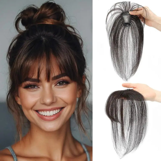 10-Inch Clip-In Wispy Air Bangs Hairpiece - 100% Real Human Hair 360° Coverage, Natural Look Straight Hair Topper with Easy Clip-In Application & Natural Hairline for Women - Daily Wear Hair Styling, Quick Hairstyle Change, Seamless Blend